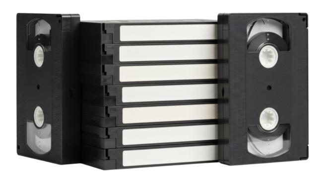 Stack of Vintage VHS Tapes on White Background, Retro Video Cassettes..old school design. Clipping path.