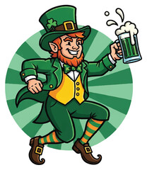 A jovial leprechaun in green attire celebrates, holding a beer mug.