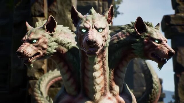three headed mythical beast glowing eyes ancient ruins