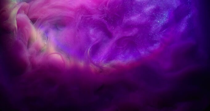Glitter stream. Ink swirl. Pink violet purple shiny flow blending on black background. Defocused sparkling rainbow color light round arch abstract water.