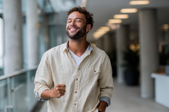 Smiling young man in casual shirt walking indoors with a joyful expression, looking confident and relaxed inside a bright modern hallway with natural light