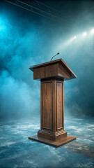 Wooden podium microphone blue smoke image