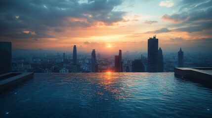 Naklejka premium Rooftop infinity pool at sunset over cityscape