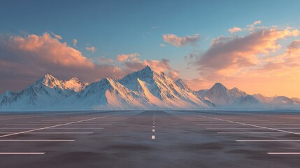 Empty square floor with scenic snow-covered mountain landscape at sunset featuring warm golden light reflections on the ground and a distant car silhouette for a peaceful winter travel and nature back