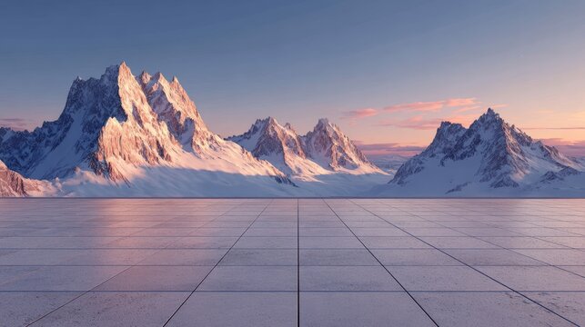 Empty square floor with scenic snow-covered mountain landscape at sunset featuring warm golden light reflections on the ground and a distant car silhouette for a peaceful winter travel and nature back