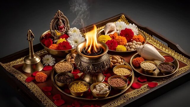 Golden Pooja Thali with Burning Flame and Flower Offerings on Black Background For Religious Rituals And Spiritual Observance