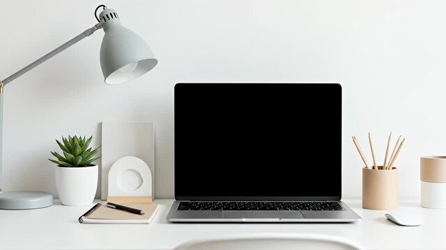 Clean, modern desktop setup featuring a laptop, plant, lamp, and stationery in neutral tones