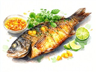 Roasted Fish with Mango Salsa Lime and Cilantro Watercolor Illustration