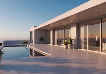 Contemporary villa with pool reflecting serene sunset in glazing windows
