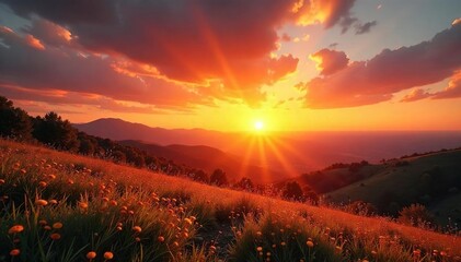 Obraz premium Golden hour sunlight bathes a landscape in warm, vibrant hues as the sun dips below the horizon, casting long shadows and painting the sky with fiery oranges and reds , field, rays