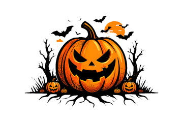 A scary halloween pumpkin with bats flying in the background isolated on transparent background