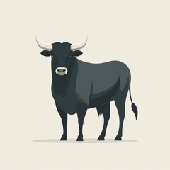 Powerful Black Bull with Long Horns Farm Animal Illustration Livestock Graphic