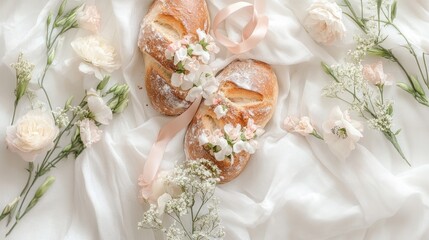 Artisan bread adorned with delicate floral arrangements on a silky white backdrop creates an