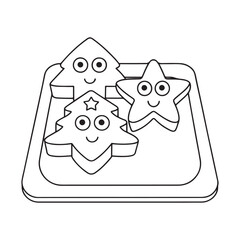Three cute cartoon Christmas cookie cutters with faces on a tray Keywords: Christmas, cookie cutters, holiday, baking, festive, cute, cartoon, drawing, outline, black and white, shapes, trees