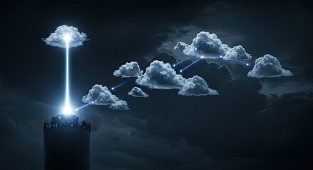 Blue Clouds Connecting with Tower on Dramatic Night Sky