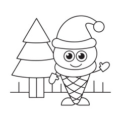 Happy Christmas Ice Cream Cone Character with Santa Hat and Tree Outline Drawing holiday winter