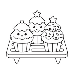 Cute Kawaii Christmas Cupcakes with Festive Toppings Line Art cartoon