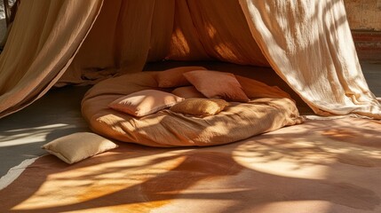 Earthy relaxation nook with muted tones creating a serene and calming interior space