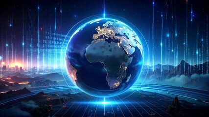 Futuristic earth globe spinning with digital technology background animation - Powered by Adobe