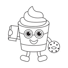 Cartoon coffee cup character holding a cookie and a phone on white background Keywords: coffee, cup, drink, beverage, cookie, food, treat, dessert, phone, mobile, technology, communication