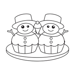 Two Cute Snowman Cupcakes with Hats and a Small Ice Cream Outline Drawing snowmen christmas