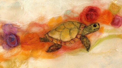 Vibrant underwater dreams: a textile turtle swimming through woollen coral reef