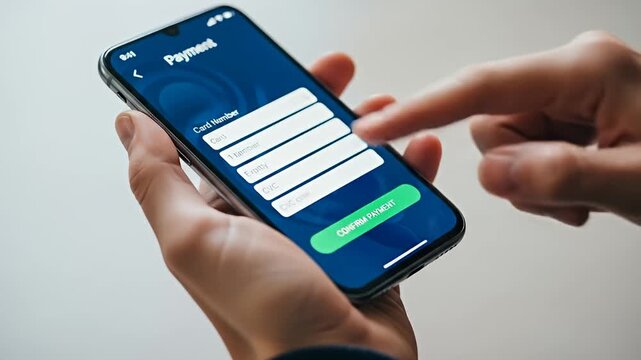 Hand presses 'Confirm Payment' on mobile banking app with blue interface and entry fields