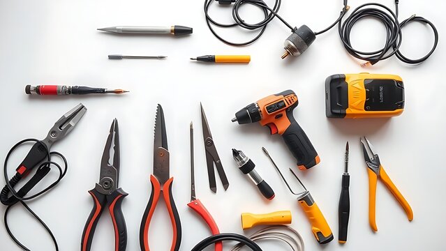 Top-down view of organized electrical tools on white background
