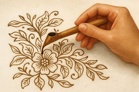 Illustration of Batik Tulis Process with Canting Isen &ndash; Traditional Indonesian Wax Tool for Filling Details and Inner Patterns on Batik Fabric