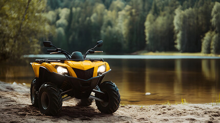 Illustration of a yellow electric ATV on a lake with empty space in the background. Illustration of a tourist ATV background.