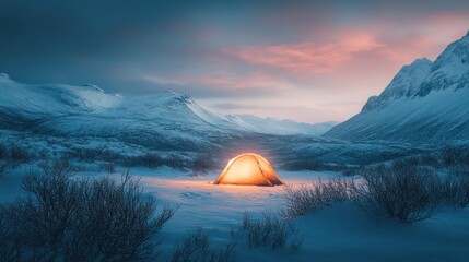 Radiant tent illuminates a serene winter landscape surrounded by snowy mountains