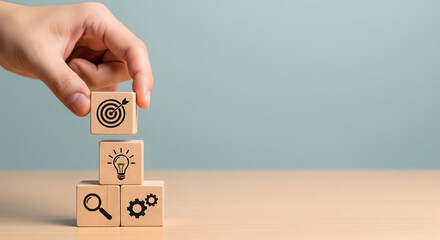 Building strategic success placing target, idea, and gears blocks for business growth