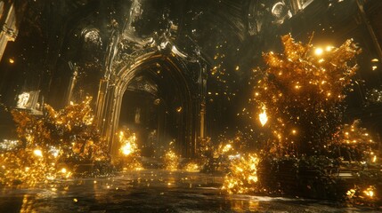 Gothic Revival Cathedral illuminated with captivating golden light and swirling particles atmosphere
