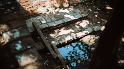 Hidden reflections architectural detail with weathered brick and standing water