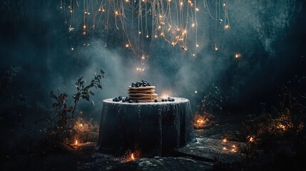 Enigmatic blueberry pancakes display under ethereal light amidst a dark fantasy forest