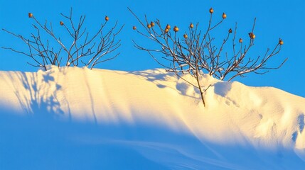 Winter landscape featuring snowy terrain and bare branches against a bright blue sky