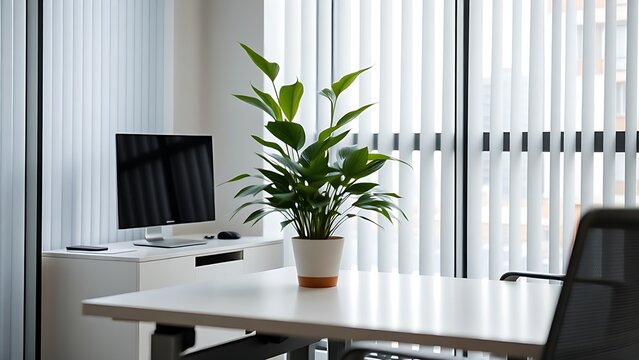 Modern office corner with clean-lined furniture and potted plant, natural light through vertical blinds. - Powered by Adobe