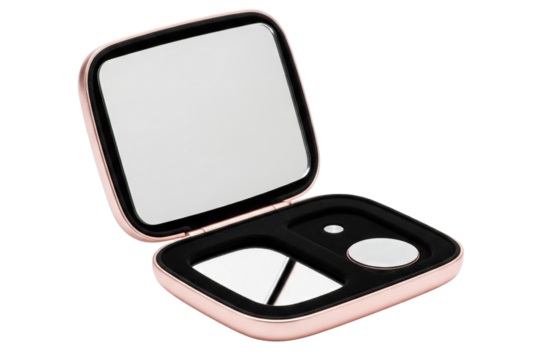 Open rose gold colored compact mirror with black interior isolated on a transparent background