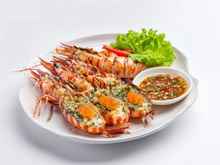 Delicious Grilled Tiger Prawns with Spicy Seafood Sauce and Garnish