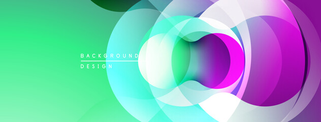 Abstract colorful circles overlap, creating dynamic visual effect. Gradient transitions blend turquoise, purple, green hues. Modern design element.