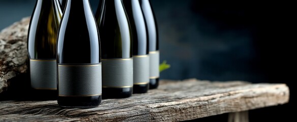 Row of Wine Bottles on Rustic Table