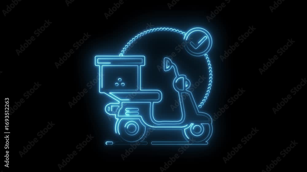 Poster Neon outline of delivery scooter with check mark animation on black background