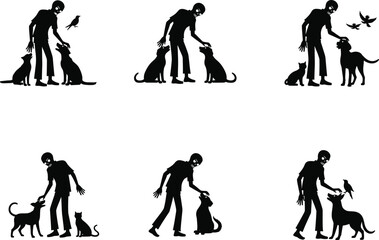 Silhouette of man bonding with pets, dog, cat, bird, animal lover, nature care, human and animals interaction, friendship