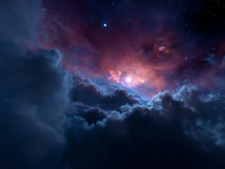 Obraz premium A cosmic scene showing a glowing celestial light emerging through dark, dense clouds under a starry night sky with hues of purple and blue