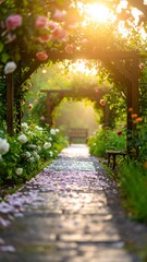 Fototapeta premium Rose garden pathway at sunset