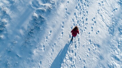 Aerial View of a Girl Walking in Fresh Snow Leaving Footprints, Winter Outdoor Activity Scene with Copy Space in a Cold Frosty Landscape