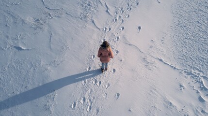 Aerial view of a girl walking in fresh snow leaving footprints, winter outdoor activity scene with copy space in a cold frosty landscape