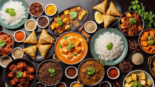 Overhead Arrangement of Rich Indian Cuisine with Curry Rice Samosas Lentils and Spices on a Dark Wooden Background with Vivid Colors and Detailed Textures
