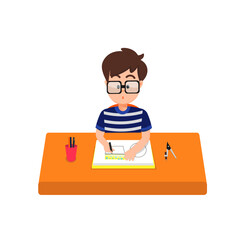 A boy draws geometric shapes with a ruler in his sketchbook