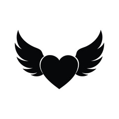 Black heart with wings representing love and freedom in a minimalist design, winged heart symbol silhouette vector illustration